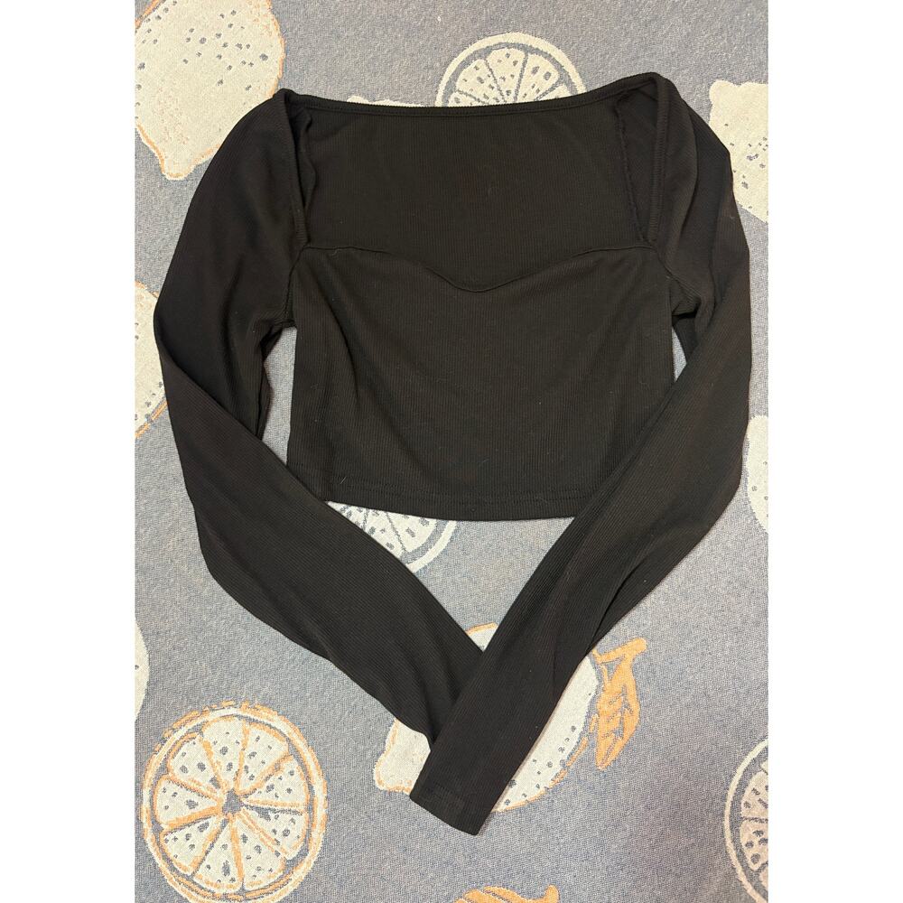 Black Ribbed Long Sleeve Crop Top Square Neck Fitted Minimalist - Picture 2 of 5